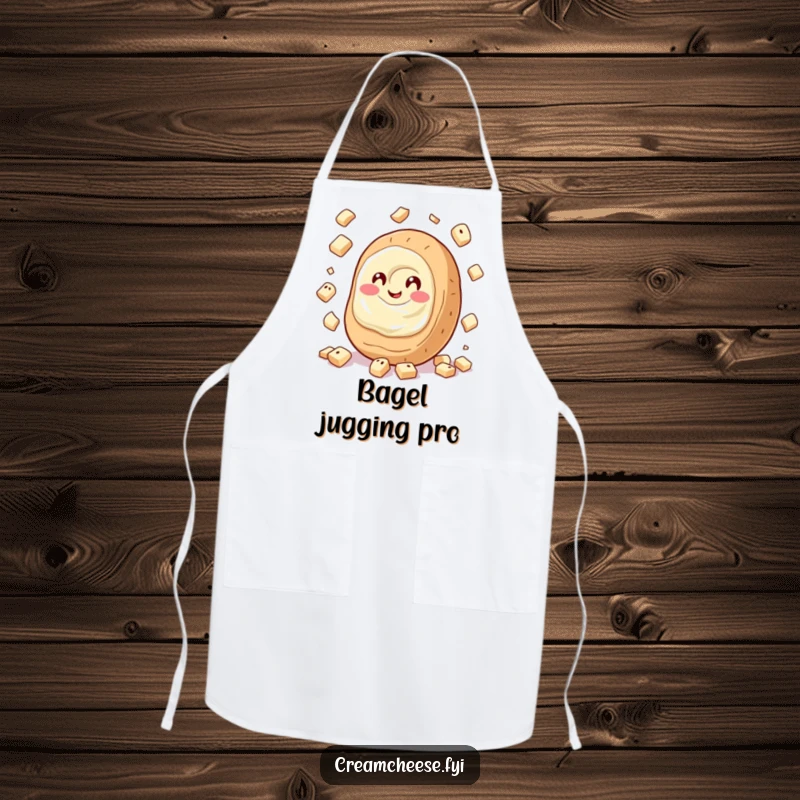 Funny Cream Cheese Apron showing a giggling cream cheese spread juggling small bagel pieces, perfect for a humorous cooking experience.