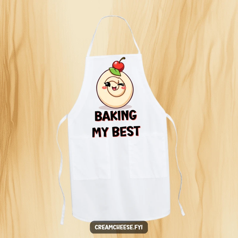Funny cream cheese swirl character with a cherry hat, winking playfully, adding a touch of cheeky fun to your kitchen attire.