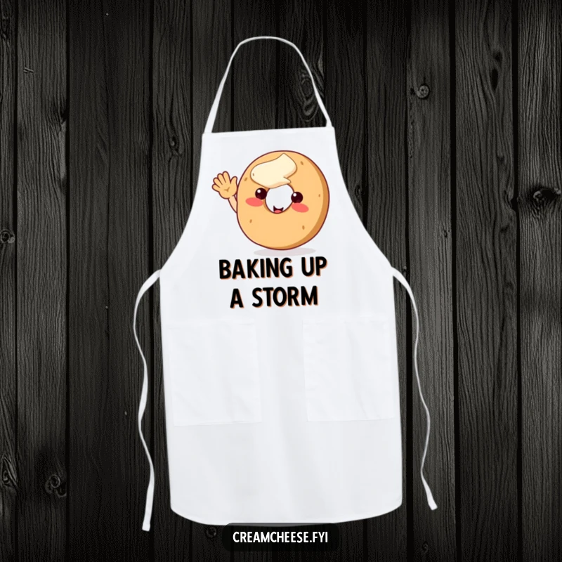 Funny bagel character with cream cheese, waving enthusiastically, adding a cheerful and protective element to your kitchen attire.