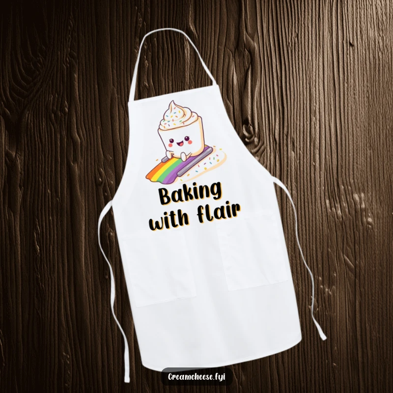 Funny cream cheese tub character joyfully sliding down a colorful sprinkle slope, printed on a kitchen apron.