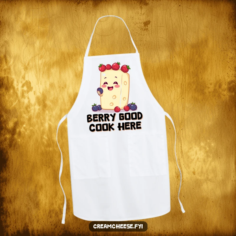 Funny cream cheese block smiling widely while juggling colorful berries, an amusing apron for kitchen fun.