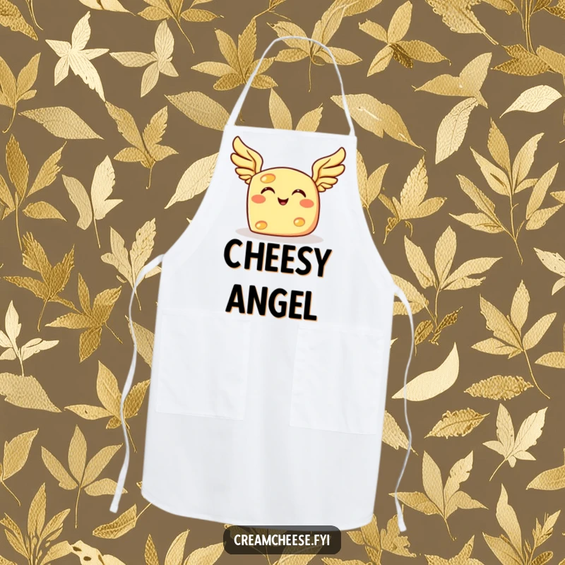 Funny flying cheese apron, depicting a grinning cheese character with tiny wings joyfully soaring while cooking.