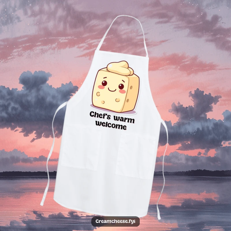 Funny cream cheese block apron, a character with a welcoming smile, ready for friendly kitchen tasks.