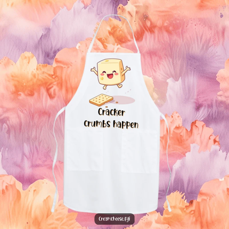 Funny cream cheese wedge leaping over a cracker, printed on a fun kitchen apron.
