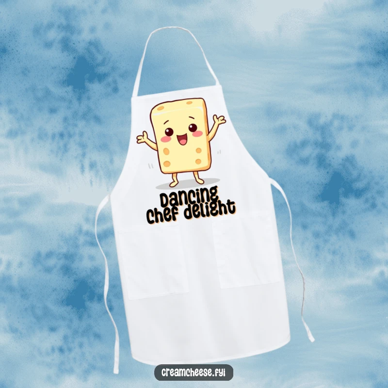 Funny apron with a cream cheese character performing a silly dance, perfect for keeping clean while cooking or entertaining.