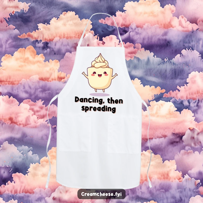 Funny Cream Cheese Apron showing a happy cream cheese tub with frosting swirls performing a delightful wiggle dance, ideal for a cheerful cook.