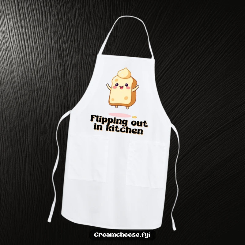 Funny Apron adorned with a giddy cream cheese character bouncing on toast, great for humorous kitchen activities and spreadable cheer.
