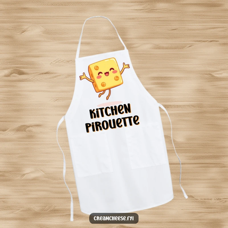 Funny apron featuring a happy cheese cube performing a joyful pirouette, perfect for kitchen fun and culinary flair.