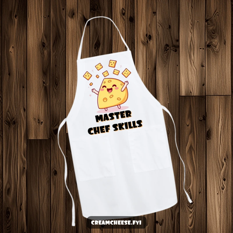 Funny cheese wedge apron, depicting a whimsical character happily juggling miniature crackers while cooking.