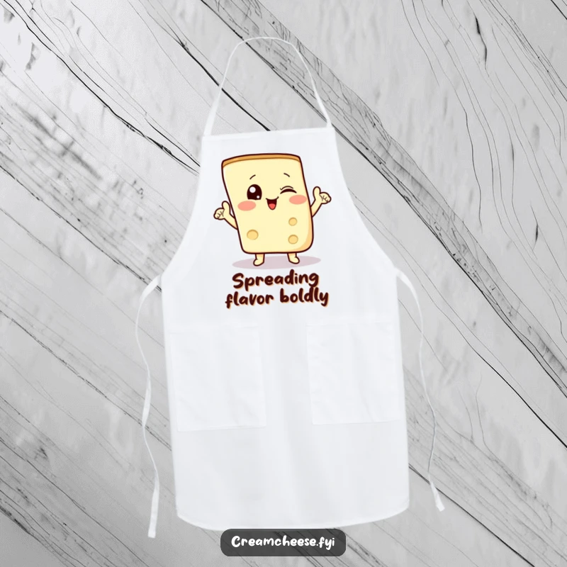 Funny apron showing a winking cream cheese wedge doing a triumphant pose, ideal for kitchen protection.