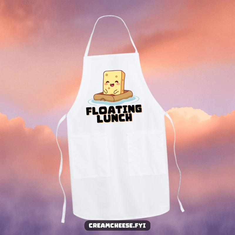 Funny Cream Cheese Apron worn by a giggling cream cheese bar on a tiny raft, perfect for kitchen humor.
