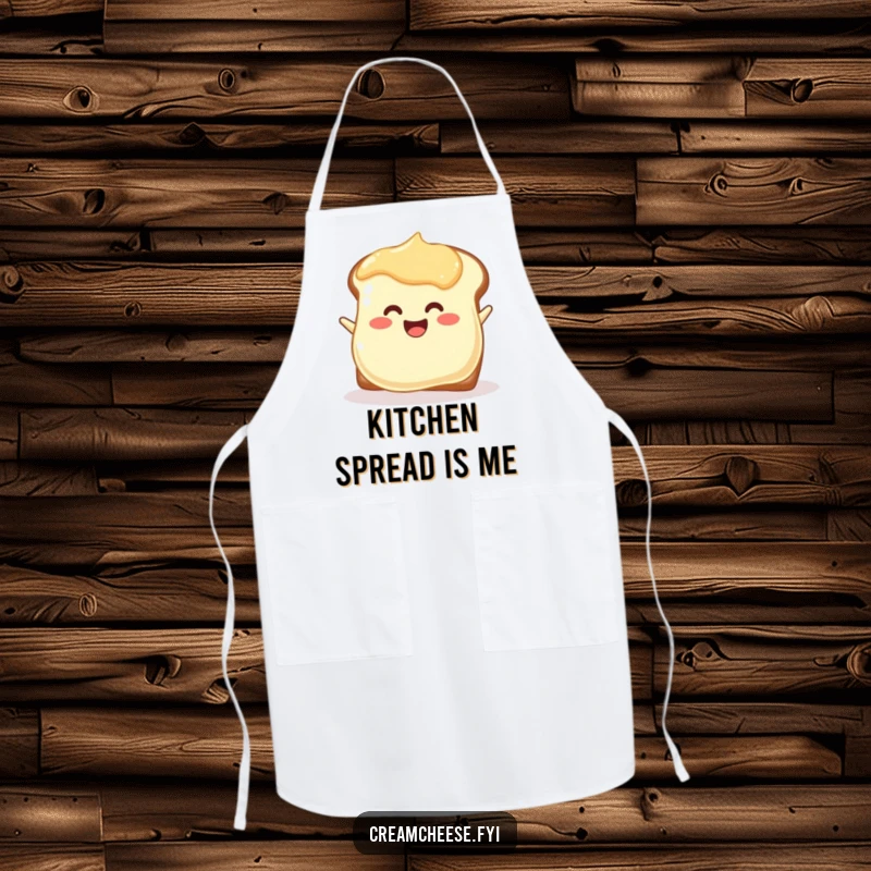 Funny joyful cream cheese blob apron enthusiastically spreading onto toast, a cheerful kitchen accessory.