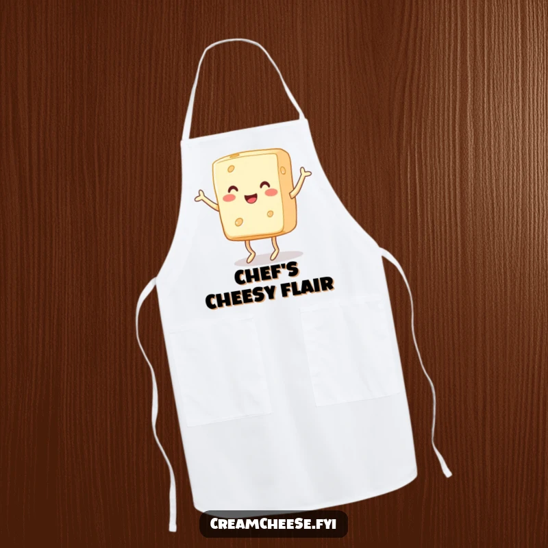 Funny Apron: A cheerful block of cream cheese with tiny legs dances a jig while wearing a chef's hat, ready to cook.