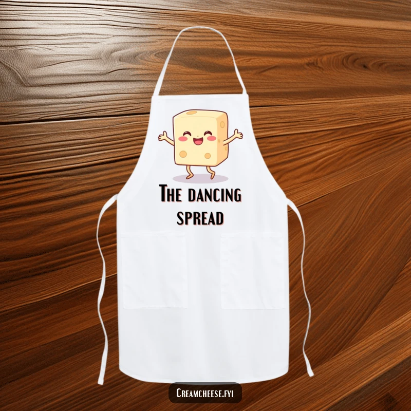 Funny happy cream cheese block with legs doing a joyful dance on a durable apron, perfect for chefs and bakers.