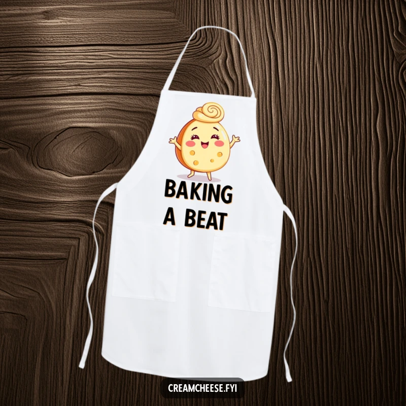 Funny apron depicting a cream cheese wheel doing a cheerful dance, sporting a cinnamon swirl hat, perfect for kitchen fun.