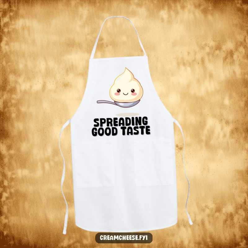 Funny apron featuring a joyful cream cheese dollop balancing on a small spoon, ready to add humor to any cooking or baking session.