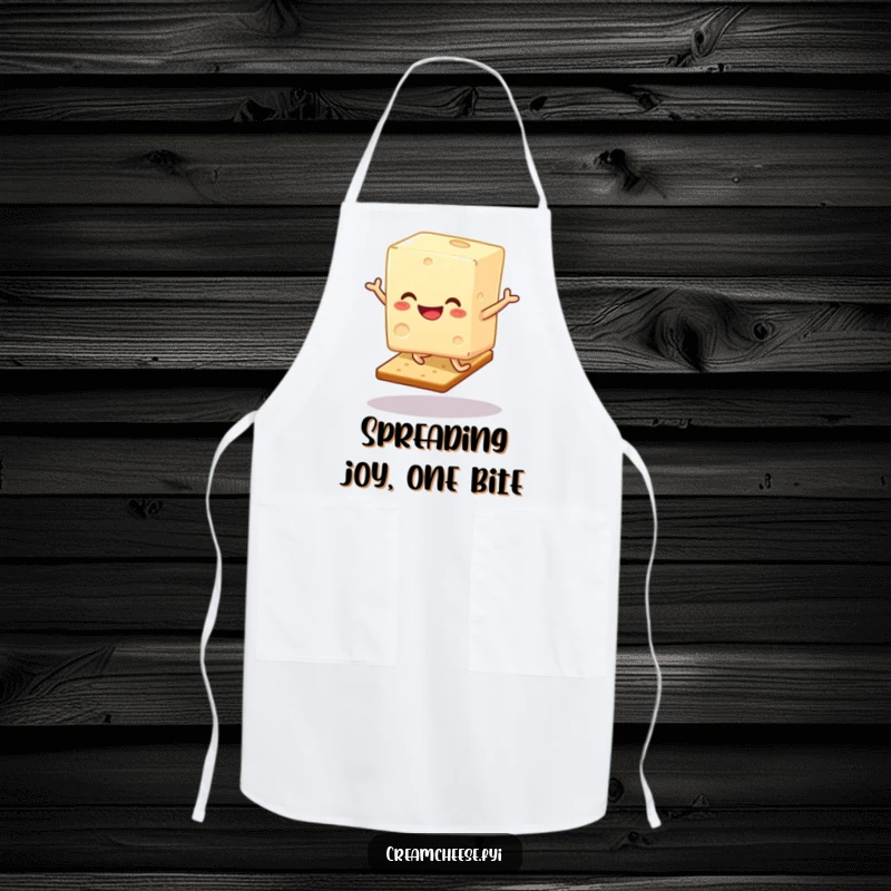 Funny Cream Cheese Hop Apron: A smiling cream cheese block joyfully hops on a cracker, a perfect kitchen companion.
