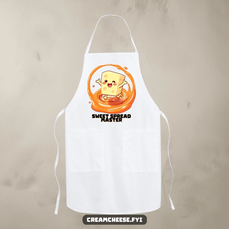 Funny apron showing a cream cheese block character leaping joyfully through a jam swirl, perfect for a humorous cooking experience.