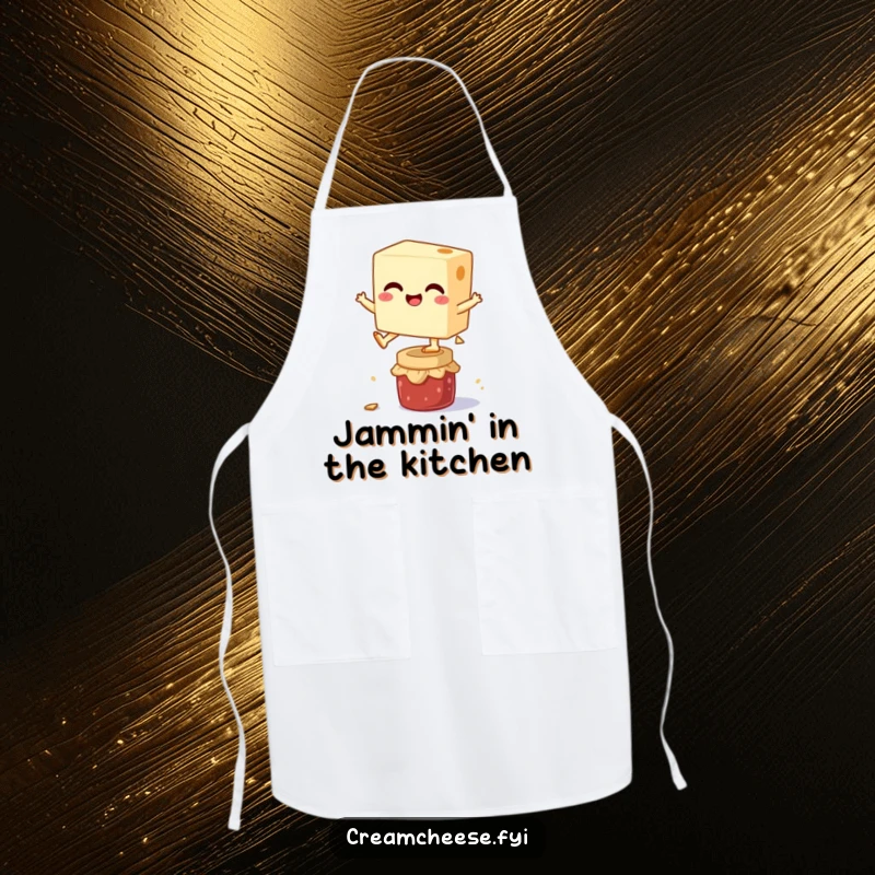 Funny apron featuring a giggling cream cheese block leaping over a miniature jam jar, bringing playful breakfast fun and culinary cheer to the kitchen.