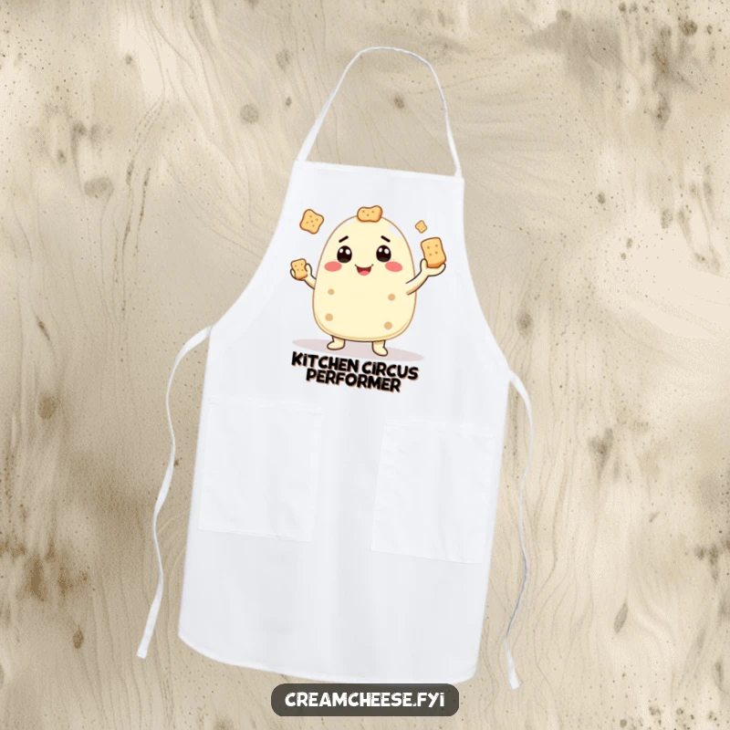 Funny apron showcasing a cream cheese character juggling crackers, a humorous and practical kitchen accessory.