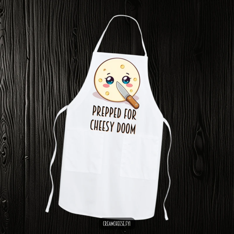 Funny cream cheese wheel apron, wide-eyed and being sliced by a small knife, a humorous kitchen accessory for cooking.