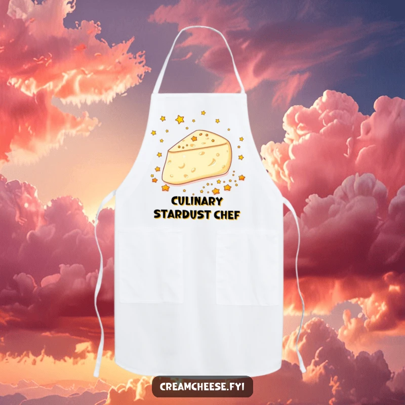 Funny Cream Cheese Stars Apron: A cream cheese wedge joyfully scatters tiny edible golden stars, a whimsical kitchen accessory.