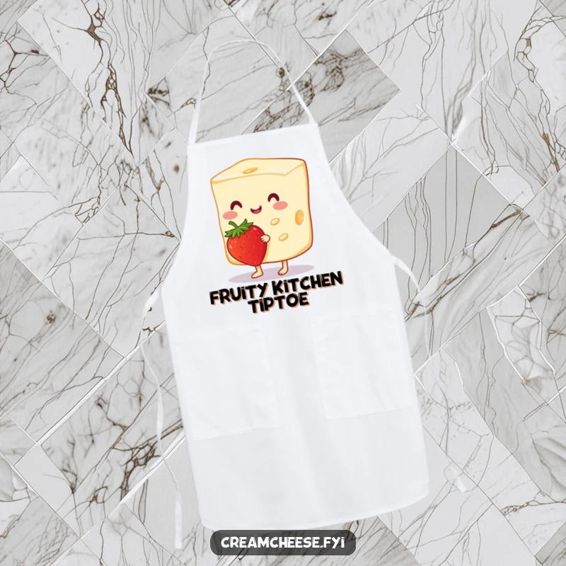 Funny Cream Cheese Apron showing a cheerful cream cheese slice tiptoeing with a strawberry, perfect for a cute and humorous cooking experience.