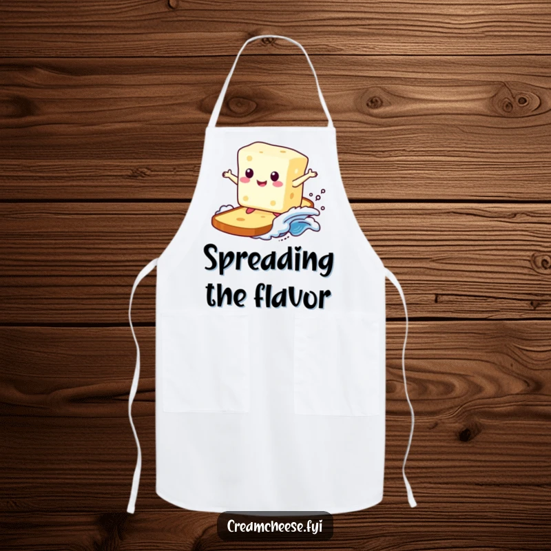 Funny apron featuring a happy cream cheese block surfing a toast wave, ready to add a dose of breakfast fun and foodie humor to the kitchen.