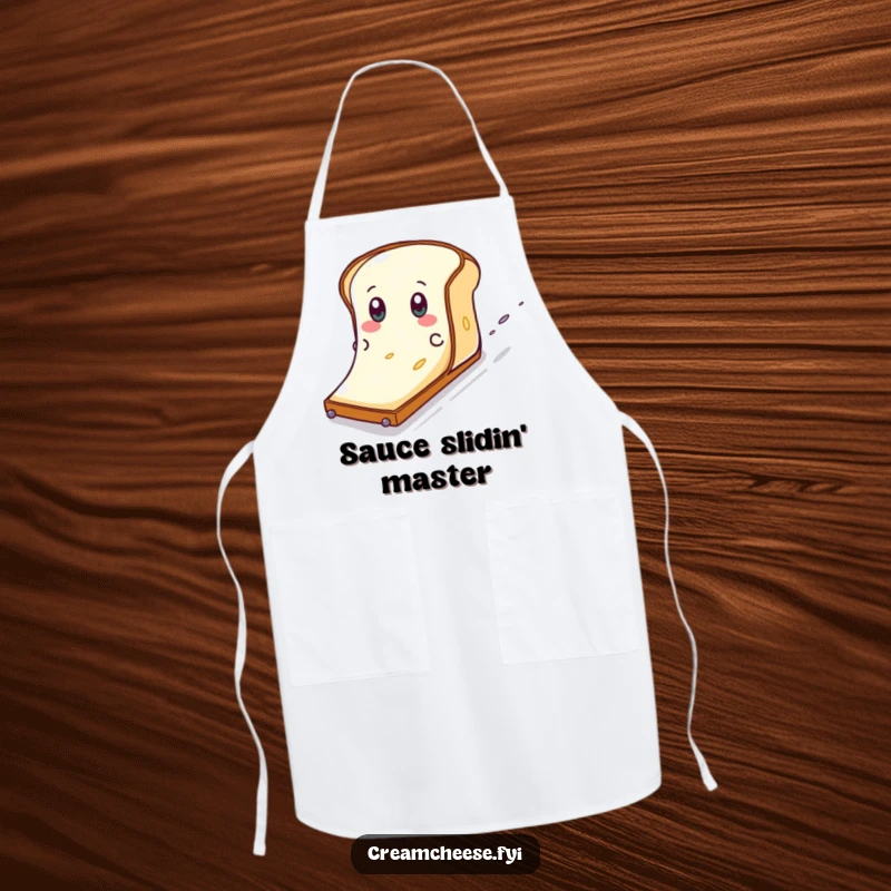 Funny Cream Cheese Toast Slide Apron: A cream cheese character eagerly slides down a toast slope, a funny kitchen accessory.