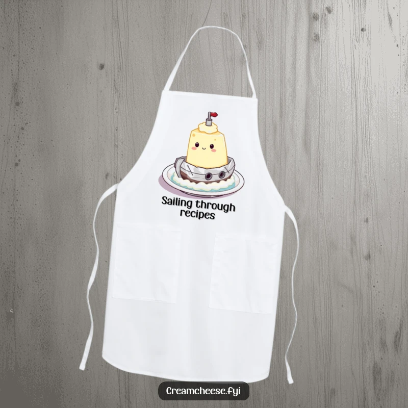 Funny Apron adorned with a cream cheese character sailing in a foil tugboat, perfect for humorous kitchen activities and spreadable adventure.
