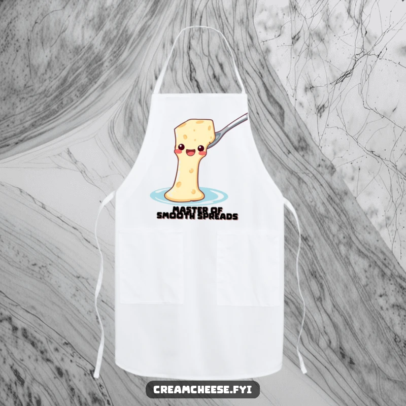 Funny Apron: Cream cheese slides down a spoon waterslide, a humorous cooking accessory.