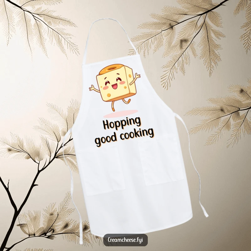 Funny apron featuring an energetic cream cheese cube performing a silly hop alongside a happy bagel, ready for kitchen fun.