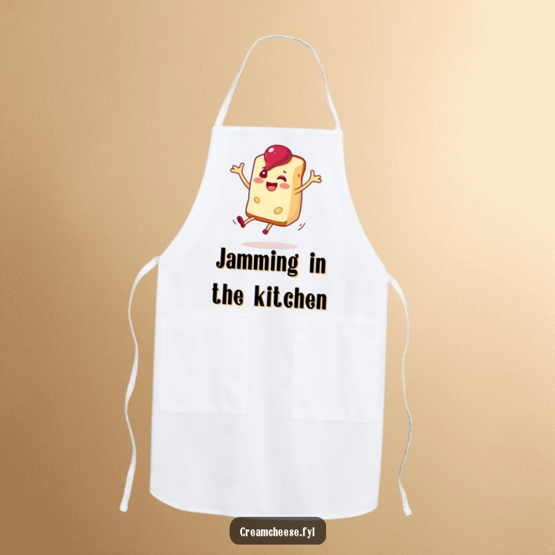 Funny cream cheese slice doing a cartwheel with a dollop of jam, printed on a fun kitchen apron.
