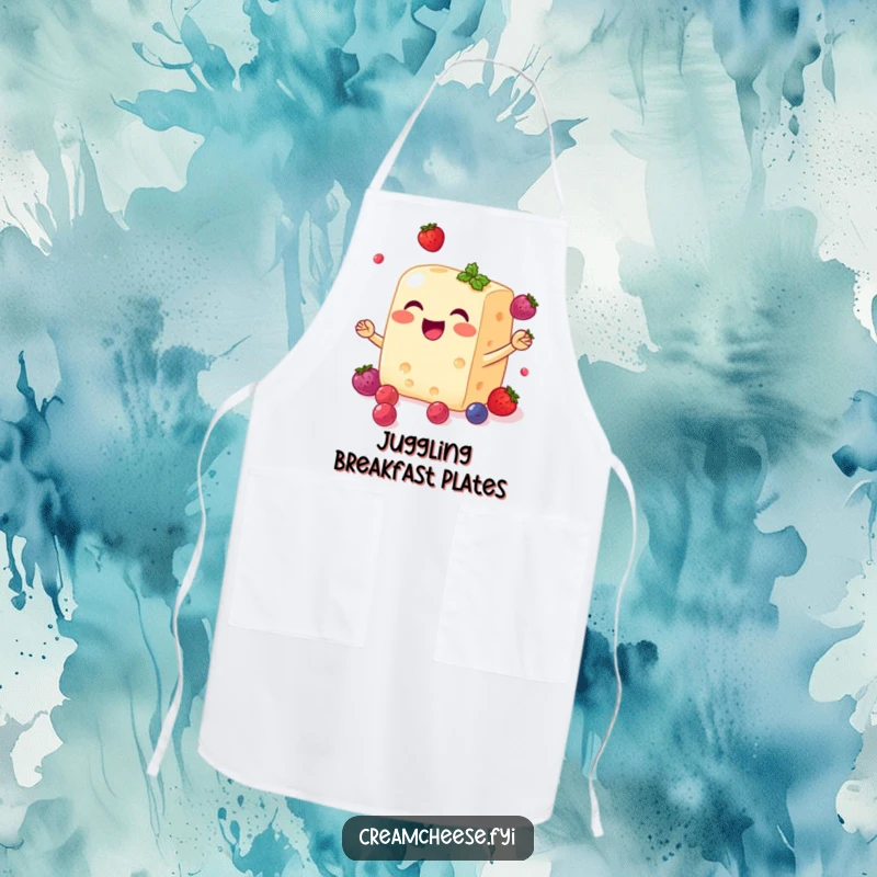 Funny cream cheese block apron smiling and joyfully juggling small, sweet berries, protecting clothes while cooking.