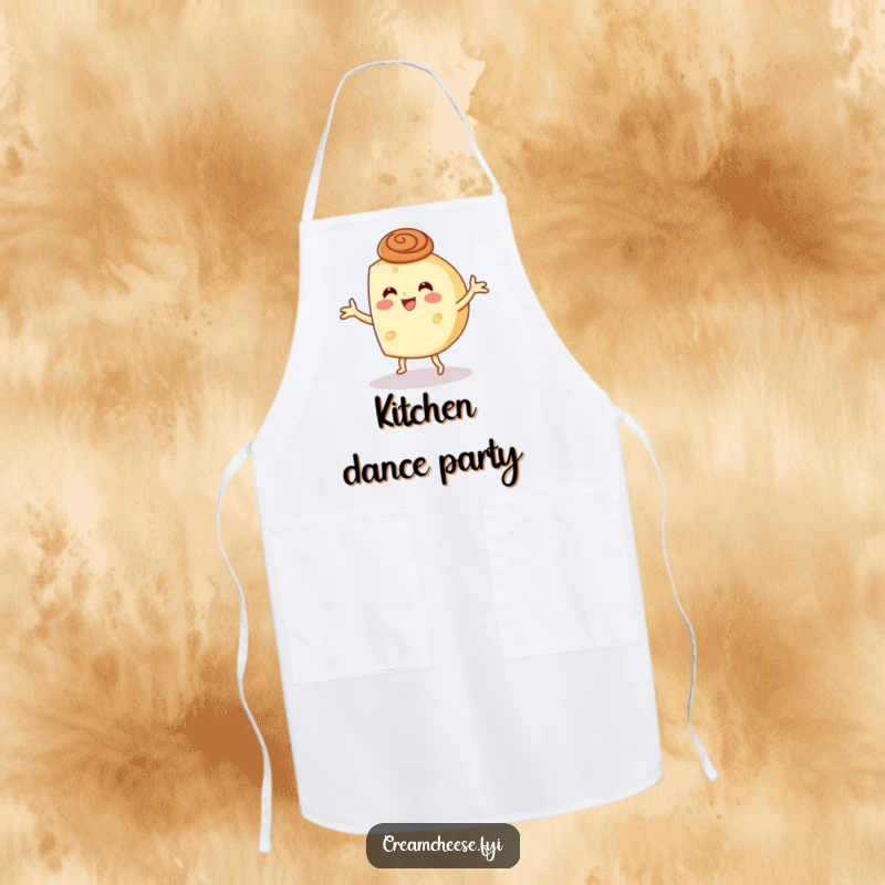 Funny cream cheese wheel dancing with a cinnamon swirl hat, printed on a fun kitchen apron.