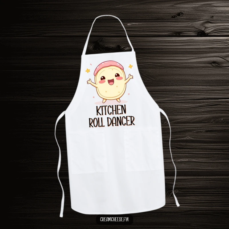 Funny Cream Cheese Apron showing a delighted cream cheese roll performing a celebratory spin, perfect for a cheerful and festive cooking experience.