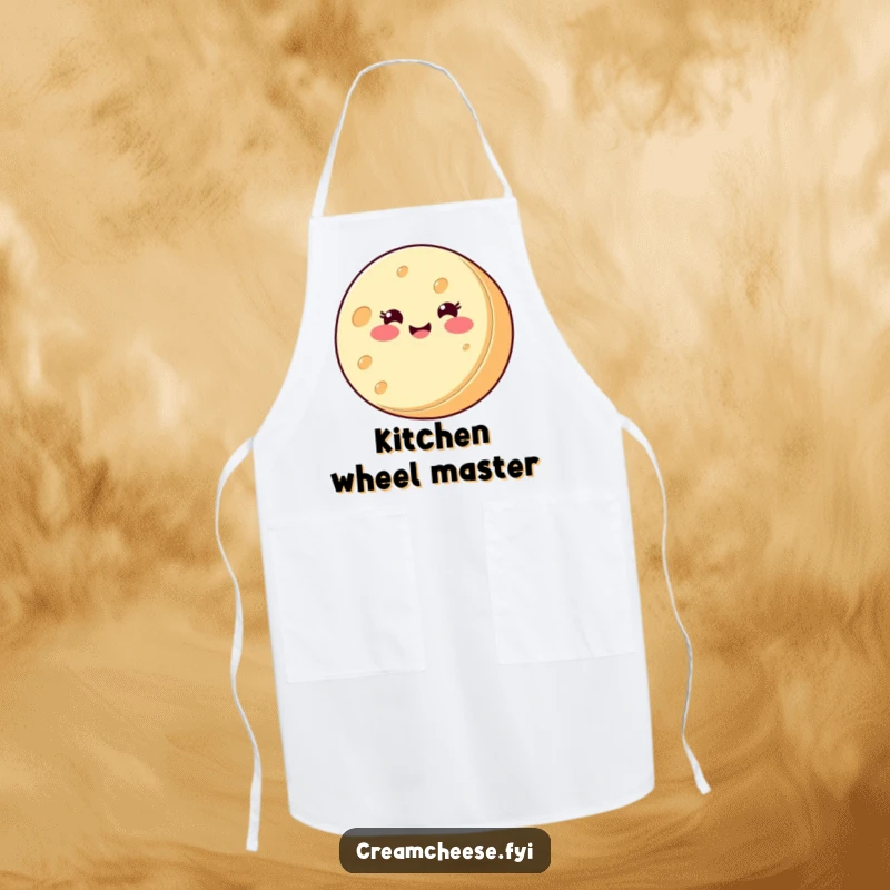 Funny Apron: A smiling round cream cheese wheel spins joyfully on its side, ready to help in the kitchen with cheesy flair.
