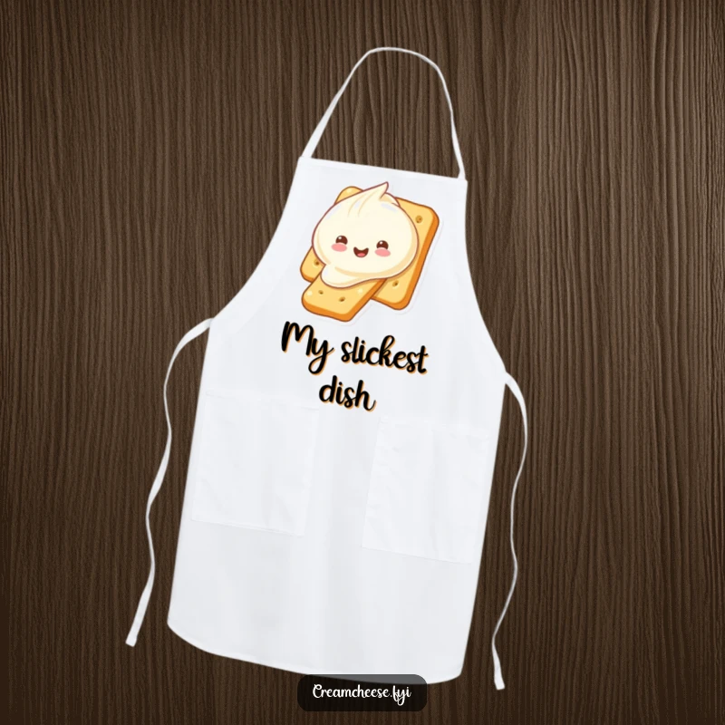 Funny cream cheese dollop sliding down a cracker, printed on a kitchen apron. A comical and functional piece, ideal for a funny gift.