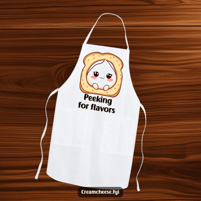 Funny apron featuring a bubbly cream cheese character playfully peeking from a toasted bread hole, ready for kitchen fun.