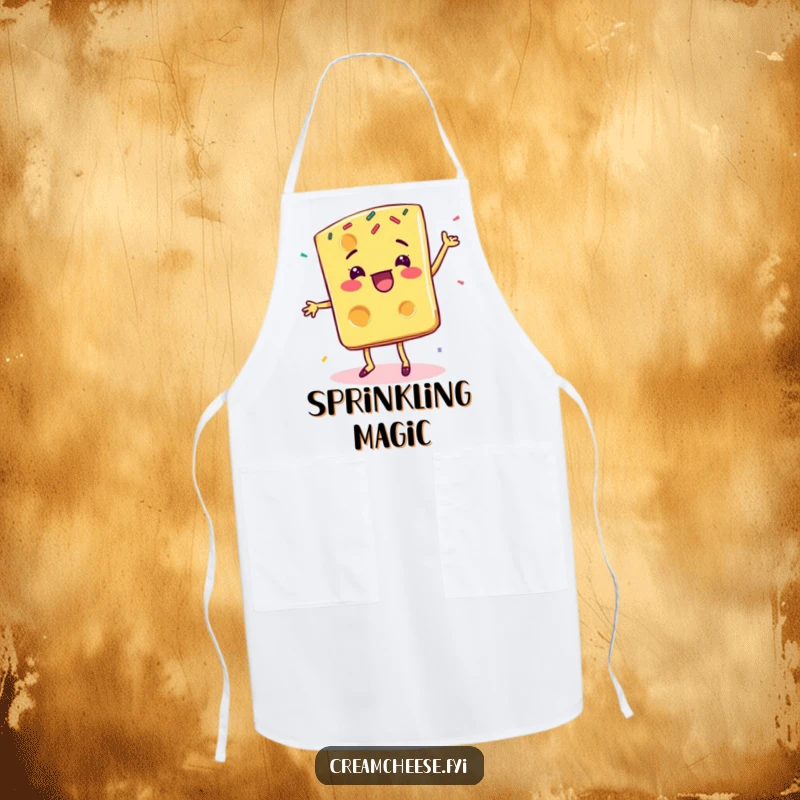 Funny cheese slice apron, depicting a delighted character doing a happy dance surrounded by colorful sprinkles.
