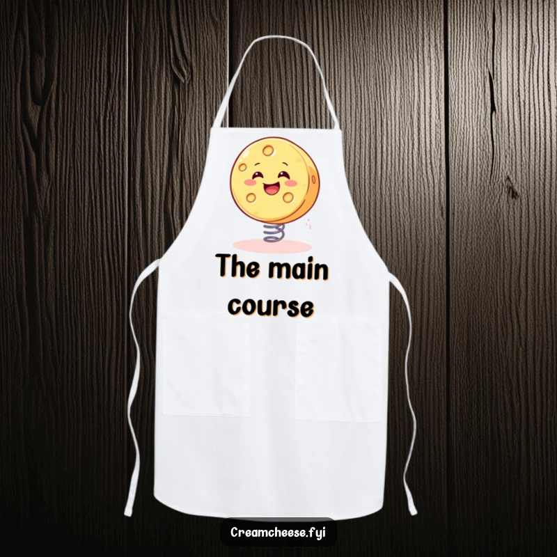 Funny cheese apron depicting a smiling wheel of cheese gleefully bouncing on a spring, perfect for kitchen activities.