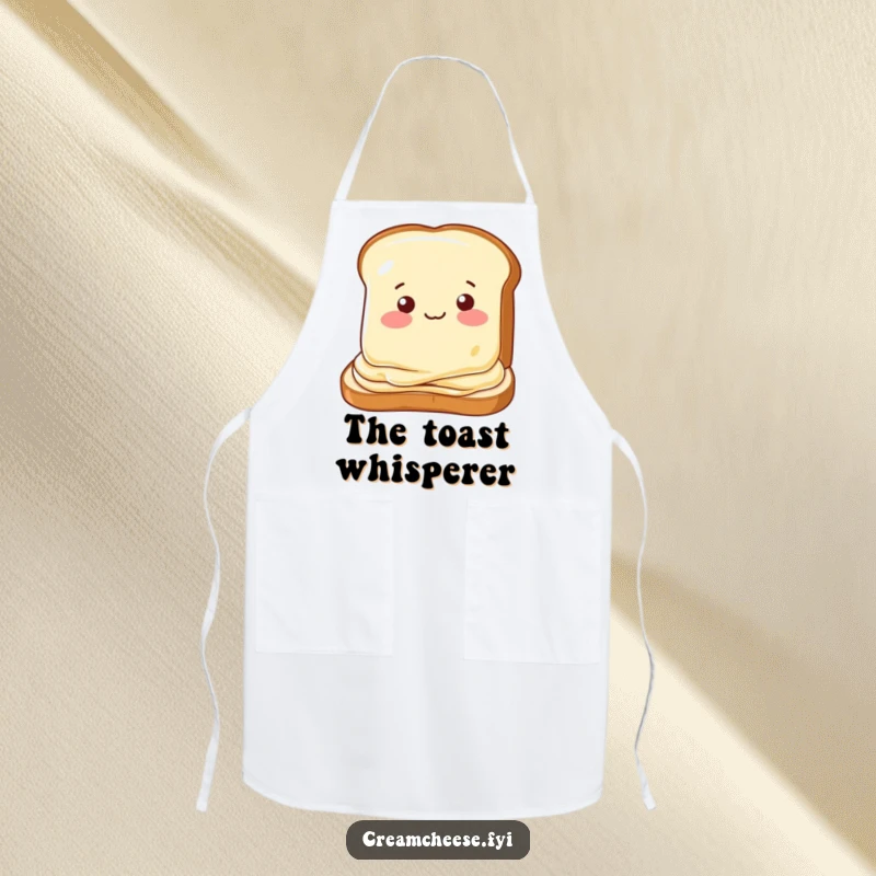 Funny apron showing a cream cheese slice winking while being spread on toast, a humorous and practical kitchen accessory.