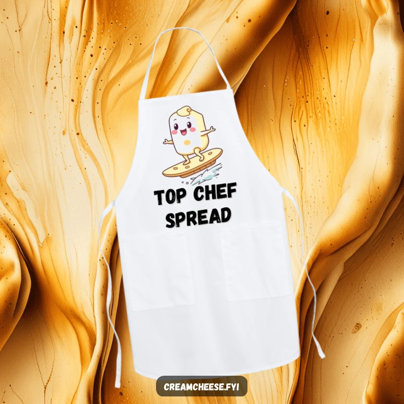 Funny Breakfast Apron: A happy cream cheese character surfs on a giant cracker, designed for protection during breakfast prep and culinary fun.