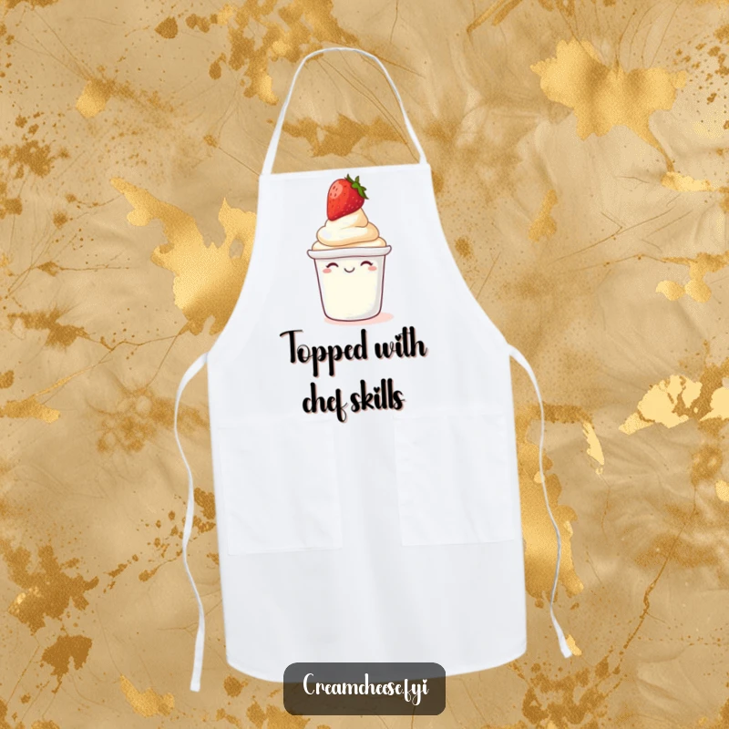 Funny Apron: Giggling cream cheese tub with a strawberry on its lid, a humorous cooking accessory.
