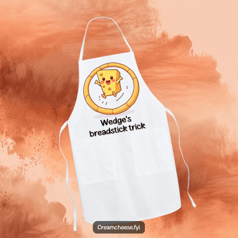 Funny apron featuring a playful cheese wedge leaping through a hoop made of breadsticks, perfect for kitchen fun and culinary adventures.
