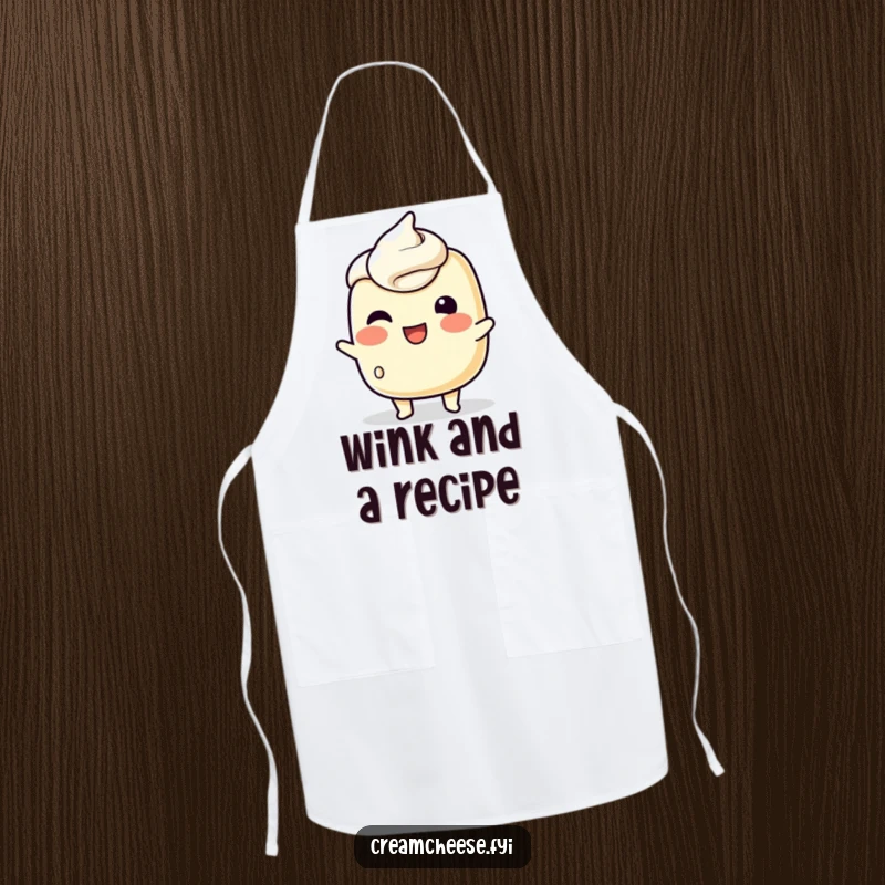 Funny Apron adorned with a playful cream cheese character attempting a wink, perfect for humorous kitchen activities and spreadable charm.