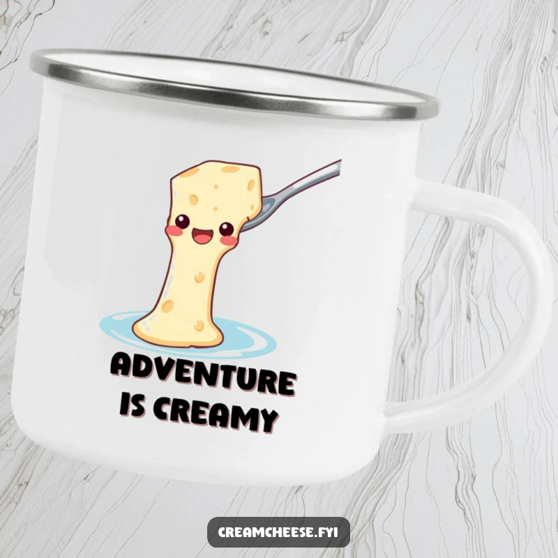 Funny Camping Mug: Cream cheese slides down a spoon waterslide, perfect for outdoor food lovers.