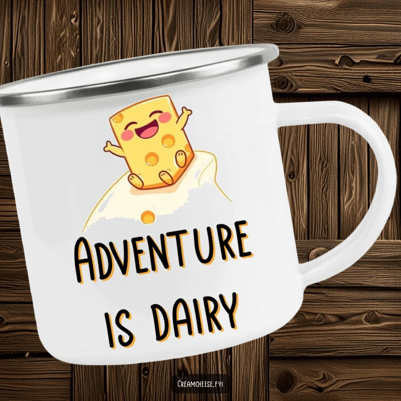Funny cheese block camping mug, showing a laughing cheese character sliding down a creamy slope, perfect for adventurers.