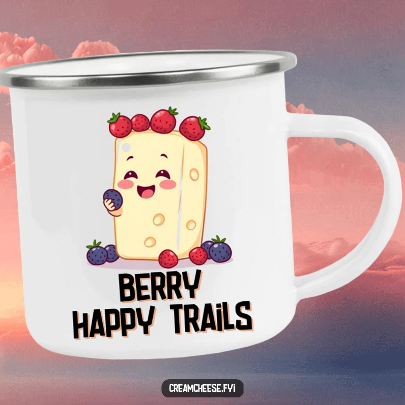 Funny cream cheese block juggling berries on a durable camping mug, bringing smiles to outdoor adventures.