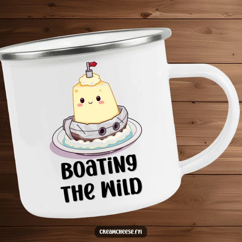 Funny Camping Mug showing a cream cheese character sailing in a foil tugboat, perfect for humorous outdoor drinks with spreadable adventure.
